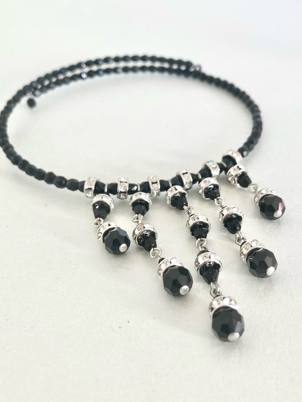 Black and silver tone Beaded Fringe adjustable Choker preloved Necklace Jewelry